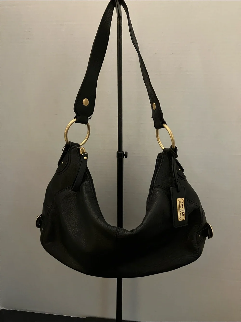 Black Pebbled Leather Hobo with Gold Ring Accents
